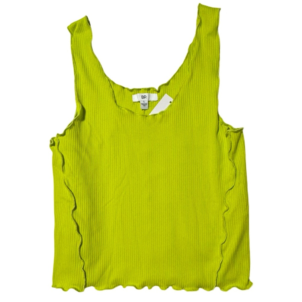 Bright Green Tank Top, Acid Green Ribbed Knit Tee, Wavy Hem, Exposed Seams, New